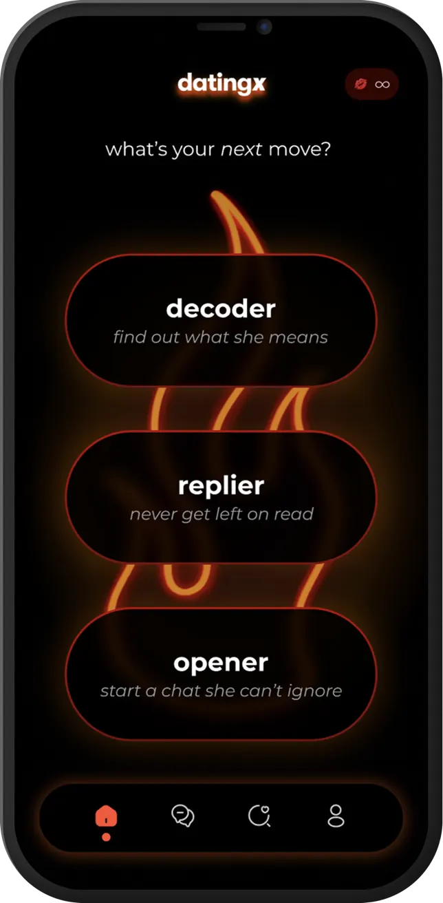 DatingX app home screen showing Opener, Decoder and Replier