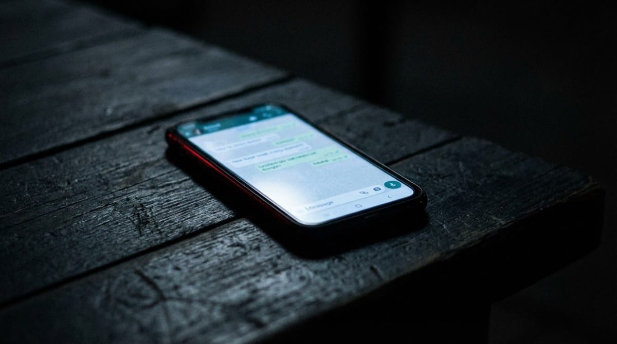 Smartphone placed on a wooden surface in low light showing unread or incomplete chat messages