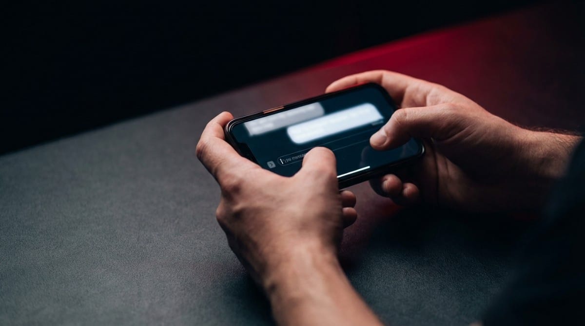 Close-up of hands typing message on smartphone in low light