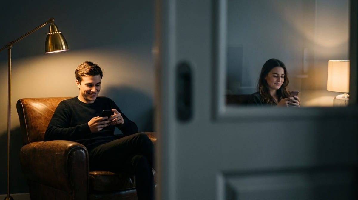Man and woman in separate rooms using phones, showing digital communication in modern relationships