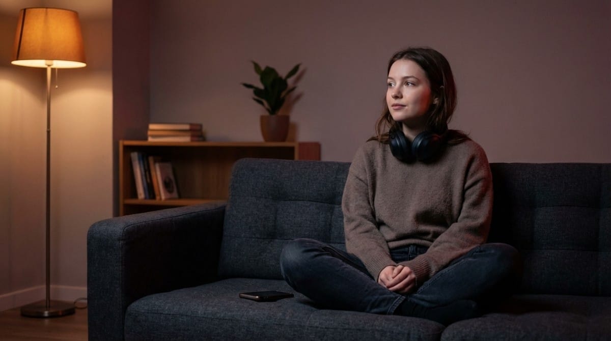 Woman sitting alone on couch at night looking thoughtful with phone nearby, suggesting emotional distance