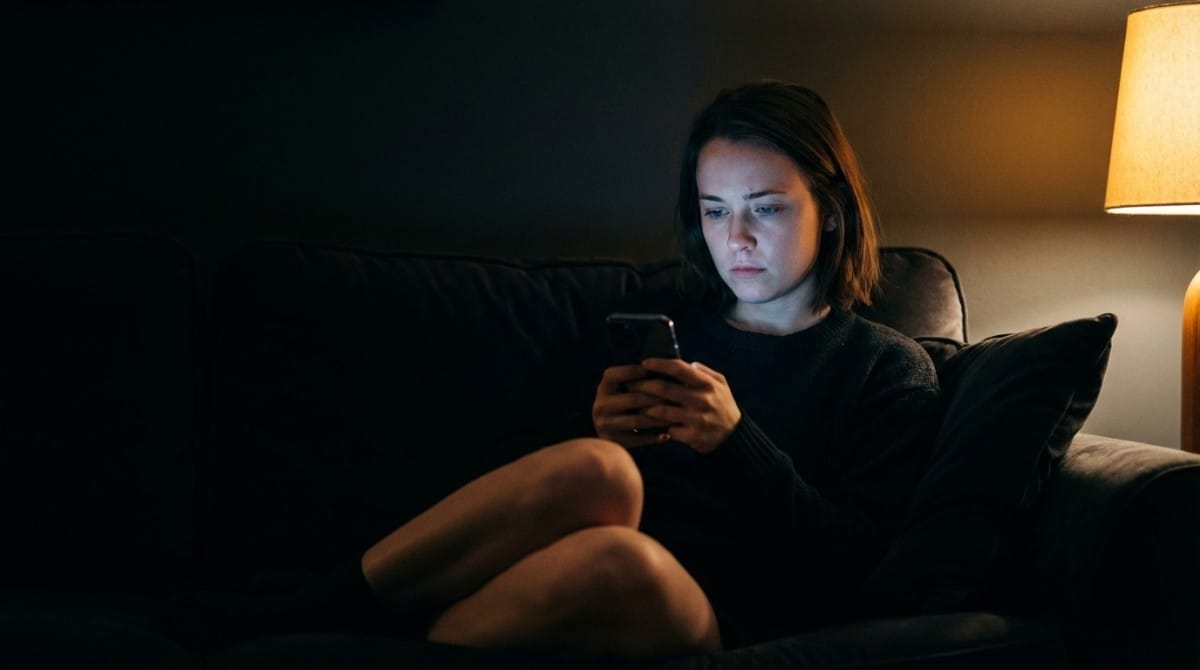 Woman sitting alone on a couch at night, looking at her phone with a serious and distant expression