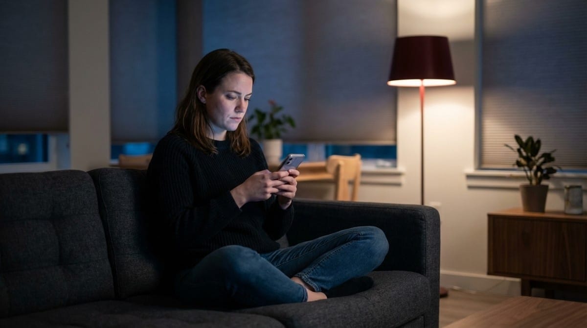 Woman sitting alone on couch texting on phone showing disconnected digital conversation