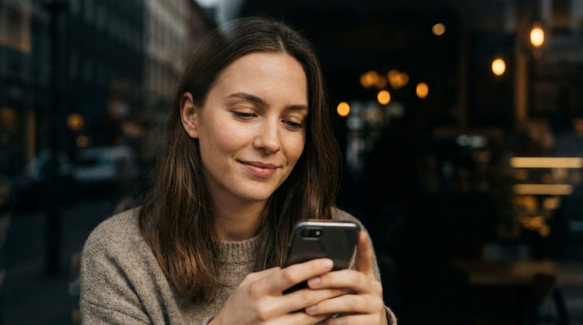 Woman smiling while reading message on smartphone outdoors with soft city background  CAPTION: