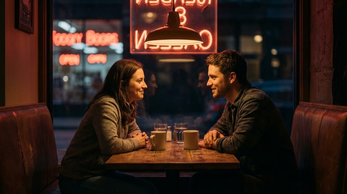 Man and woman sitting across each other at a café, leaning in and smiling during an engaged conversation