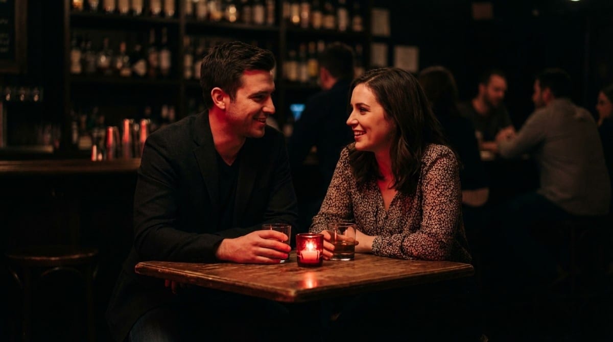 Couple enjoying drinks and conversation during romantic date at bar