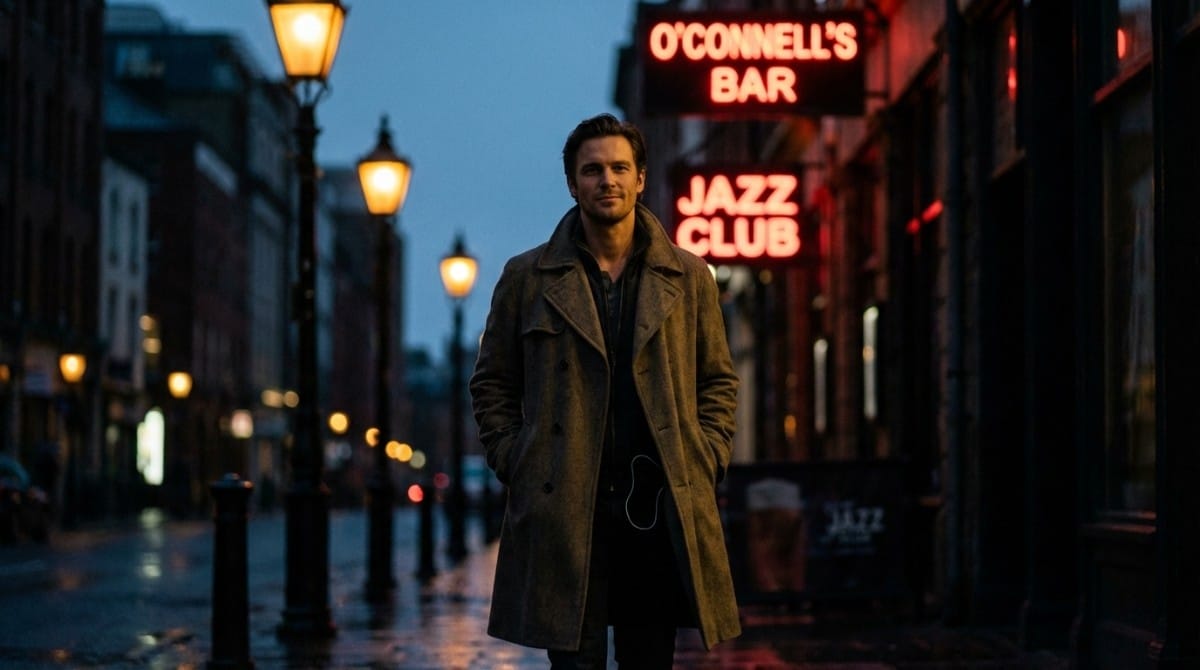 Man standing alone on city street at night near neon bar signs appearing calm and confident