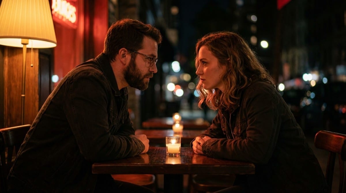 Couple having deep serious conversation at candlelight table focusing on emotional connection