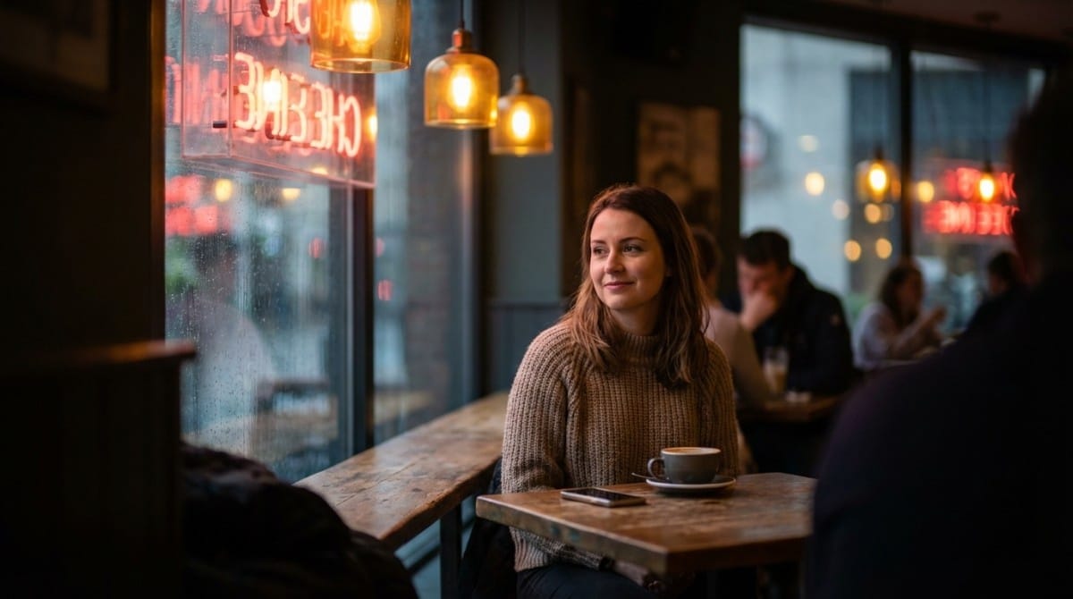 Woman sitting alone in café looking thoughtful while waiting during a date or conversation