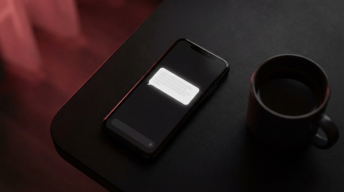 Phone showing unread message notification next to coffee cup in dark setting