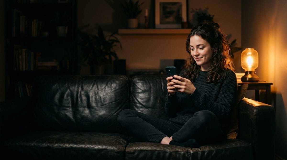 Woman sitting alone on a couch at night, smiling while looking at her phone in a softly lit room