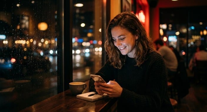 Woman smiling while texting on phone at café near window at night