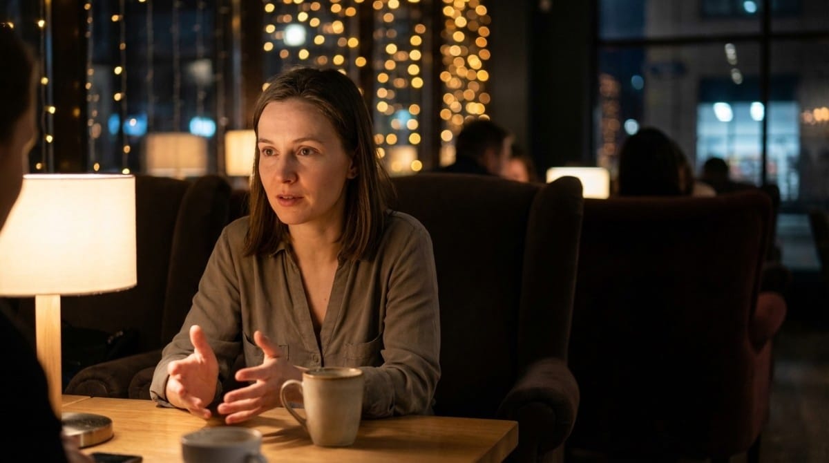 Woman talking seriously at café table, representing one-sided effort and emotional imbalance in a relationship.