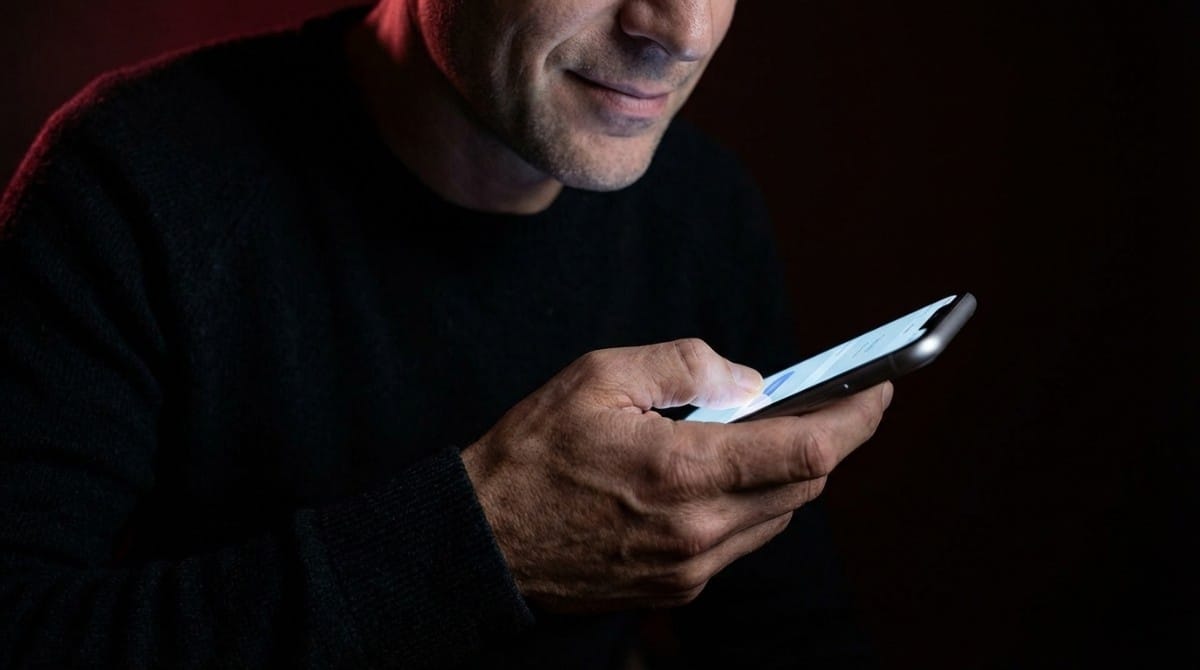 Man smiling while using smartphone in dark setting, representing intentional texting and strong interest in conversation.