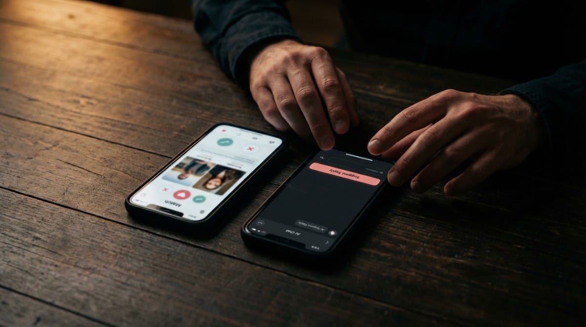 Close-up of hands using two smartphones on a wooden table, one showing a dating app profile and the other sending a message.