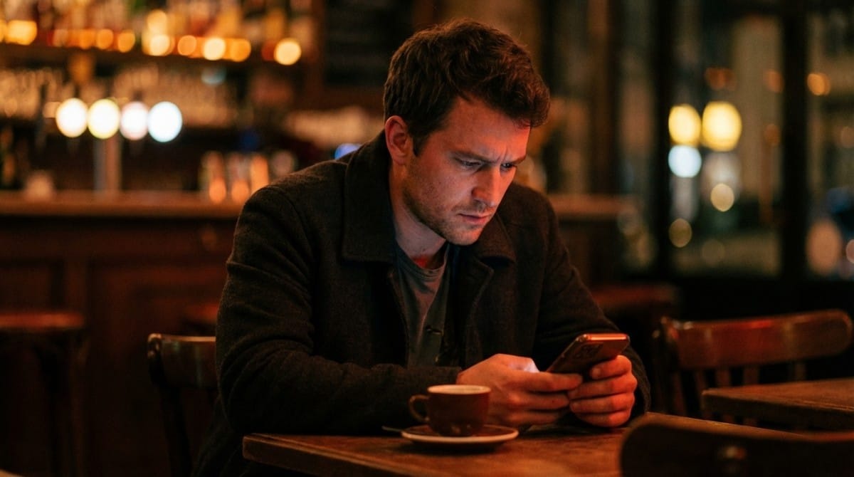 Man sitting in a cozy café at night looking intensely at his smartphone with a coffee cup on the table, appearing thoughtful or concerned.