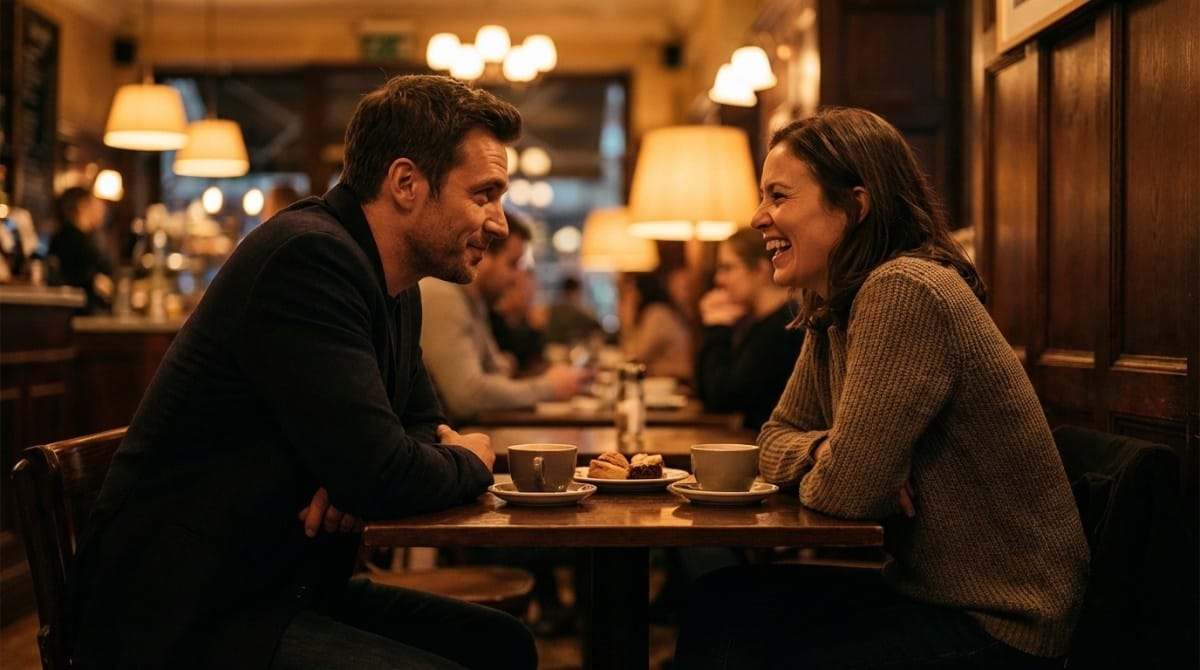 Man and woman smiling and talking across table in café, showing mutual attraction and engaged conversation during a date.