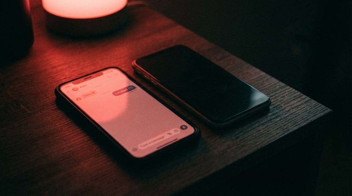 Two smartphones on a table, one showing an active chat and the other blank, symbolizing one-sided communication