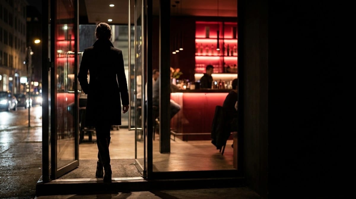 Woman in a dark coat entering a warmly lit bar at night, creating a cinematic dating atmosphere with red ambient lighting.