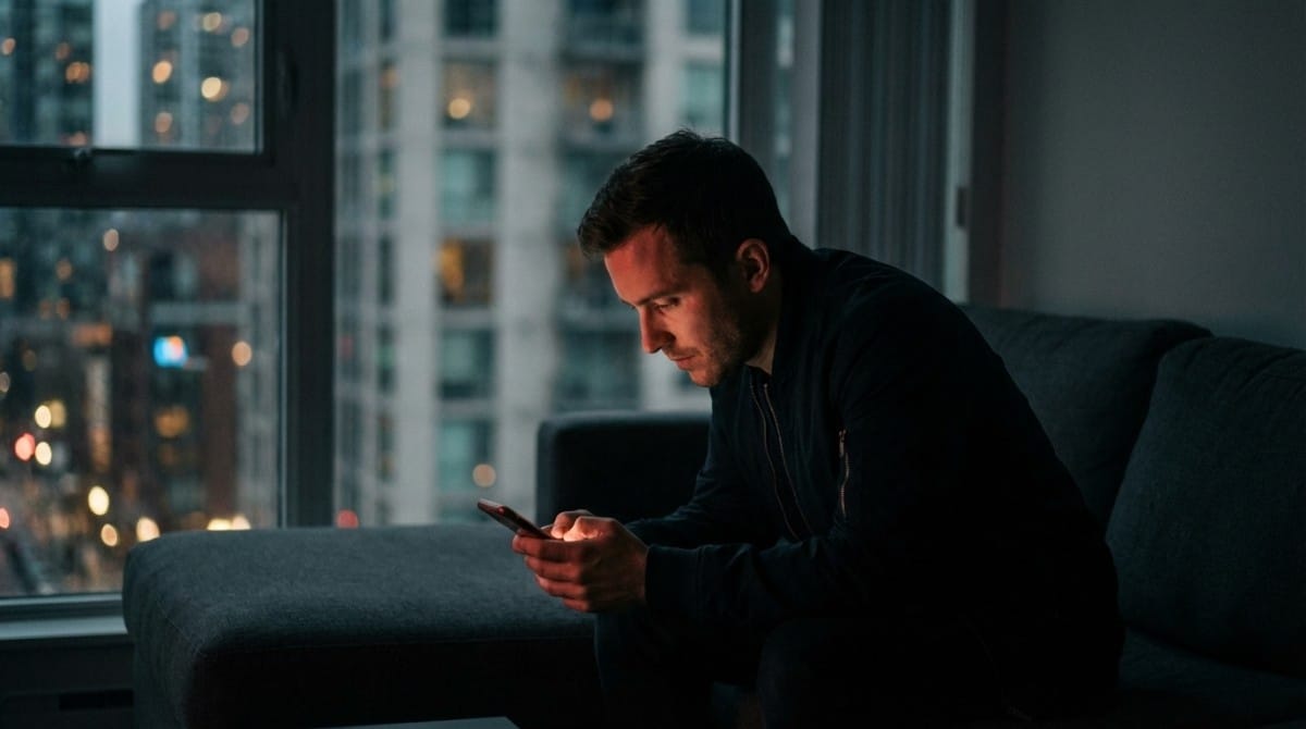 Young man sitting on a couch by a window at night, looking at his smartphone with a thoughtful expression