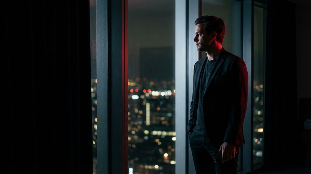 Man standing near a large window at night with city lights in the background, holding a phone and looking contemplative.