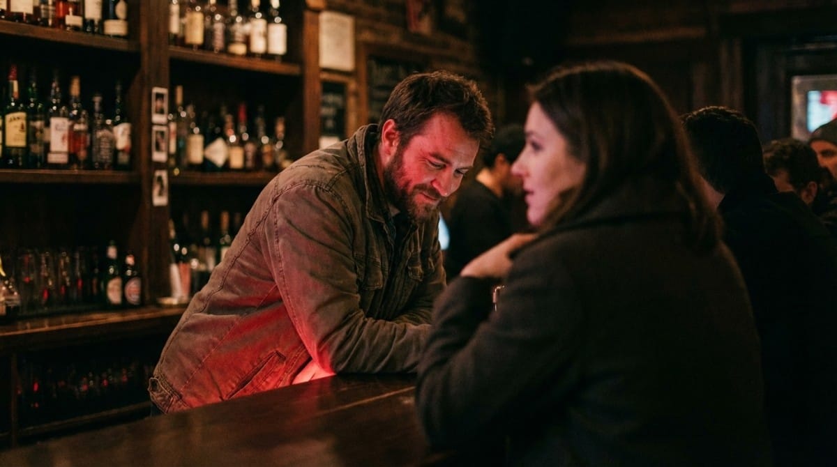 Man leaning forward and smiling while talking to a woman at a bar, showing growing engagement and interest