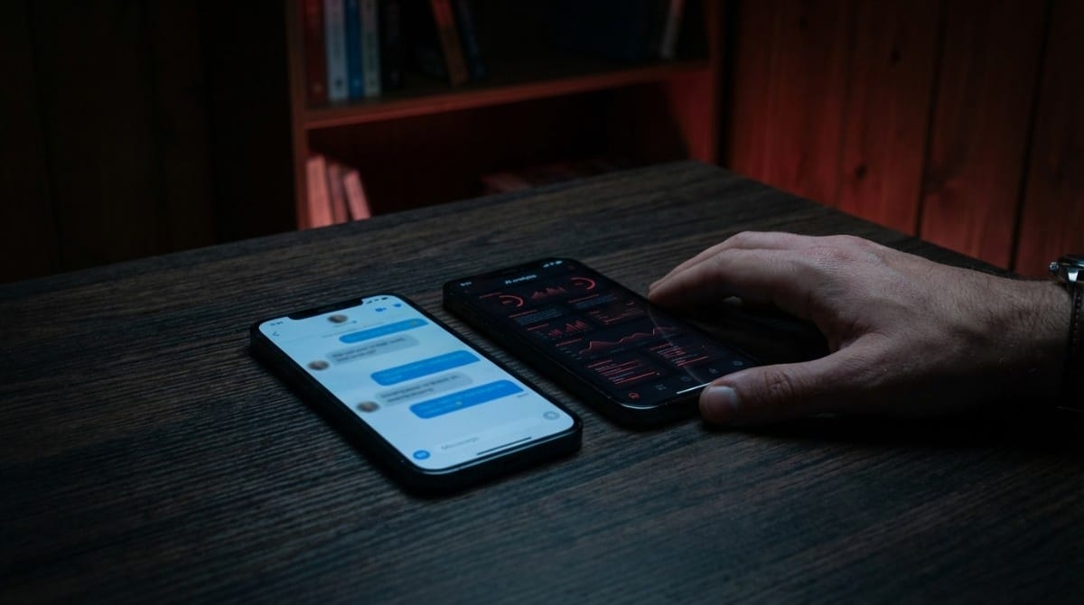 Close-up of two smartphones on a wooden table, one displaying text messages and the other showing data analytics graphs, with a hand reaching toward them.