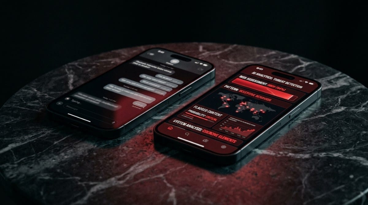 Close-up of two smartphones on a table showing chat messages and analytics dashboards with red-themed UI design.