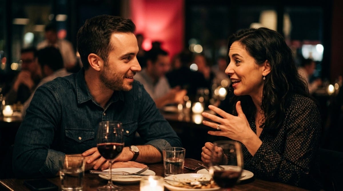 Man and woman sitting at a restaurant table, smiling and engaged in a lively and meaningful conversation