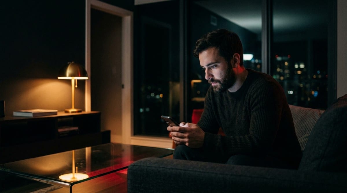 Man sitting alone at night in a dimly lit apartment looking at his phone with a serious and thoughtful expression