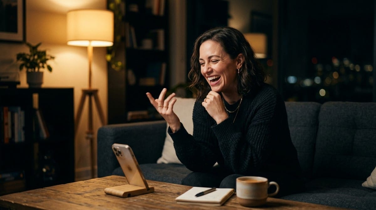Woman sitting on a couch at home laughing while talking on a video call, holding a relaxed and joyful expression