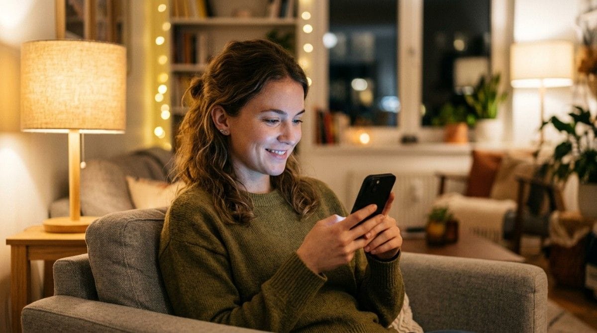 Young woman sitting on a sofa in a warmly lit living room, smiling while using a smartphone, likely browsing or chatting on a dating app.
