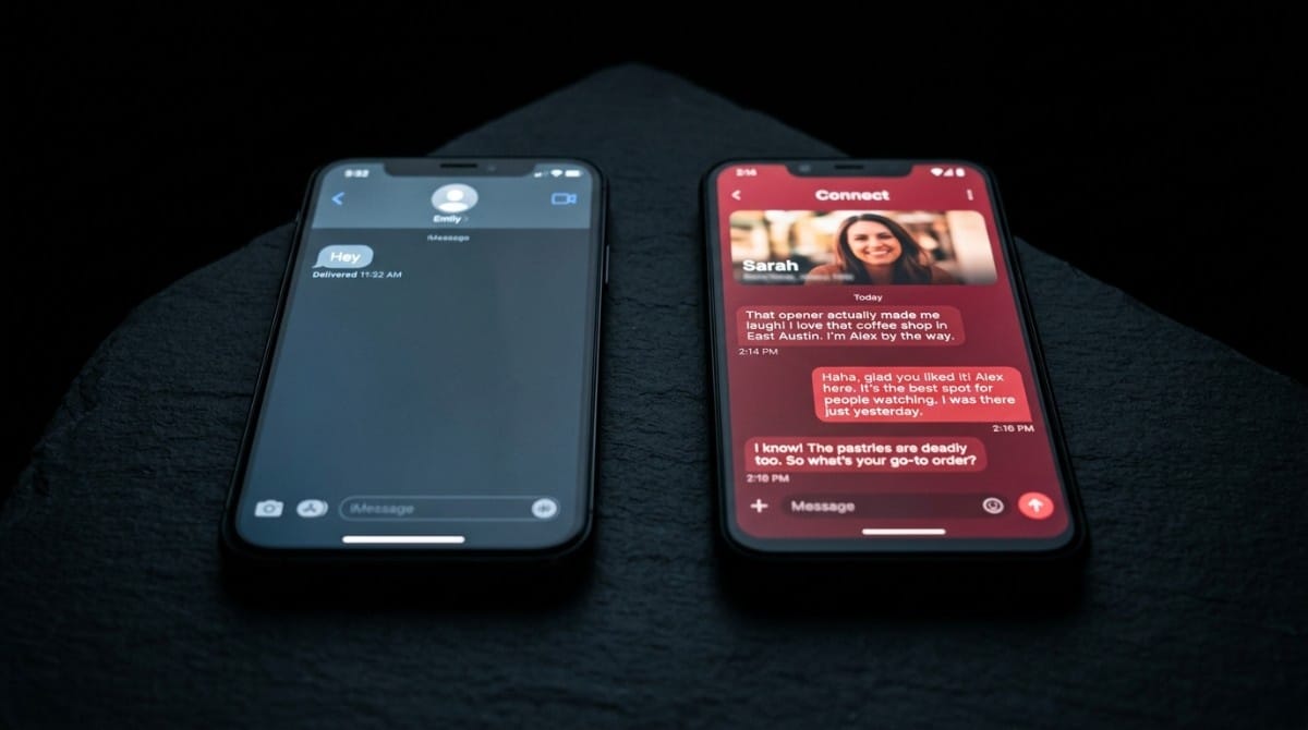 Two smartphones placed side by side, one showing an empty message screen and the other displaying an active conversation on a dating app.