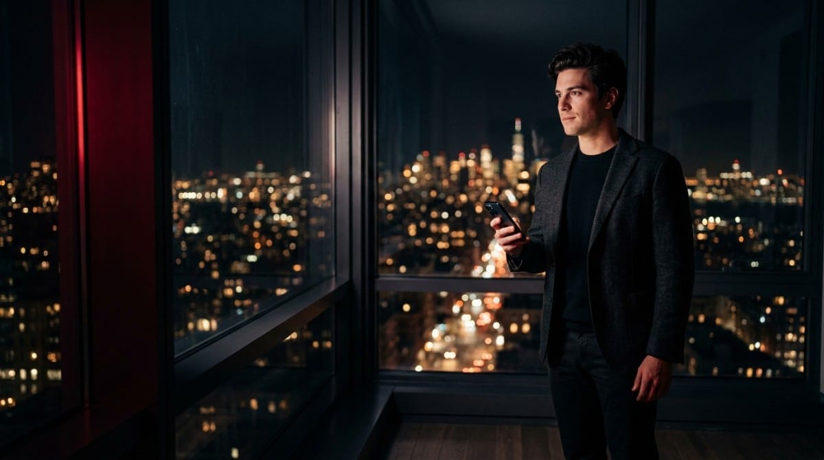 Well-dressed man standing in a high-rise apartment at night, looking at his phone with a city skyline in the background.