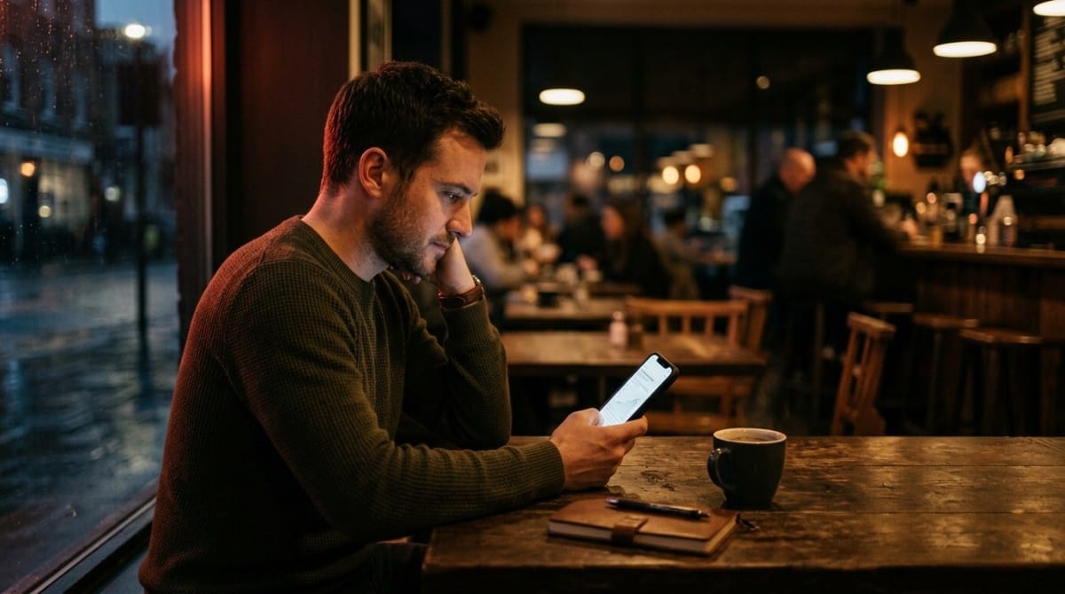 Man in his early 30s sitting in a dimly lit café, looking thoughtfully at his smartphone with a coffee on the table.
