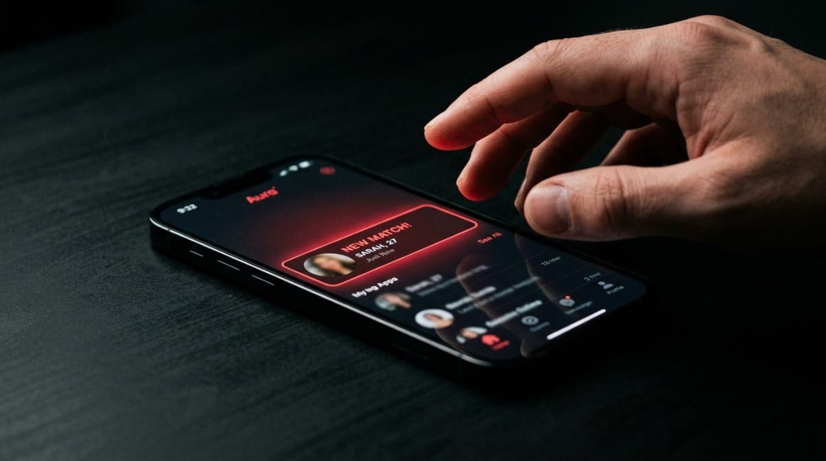 Close-up of a smartphone displaying a dating app match notification with a user profile and glowing interface in dark lighting.