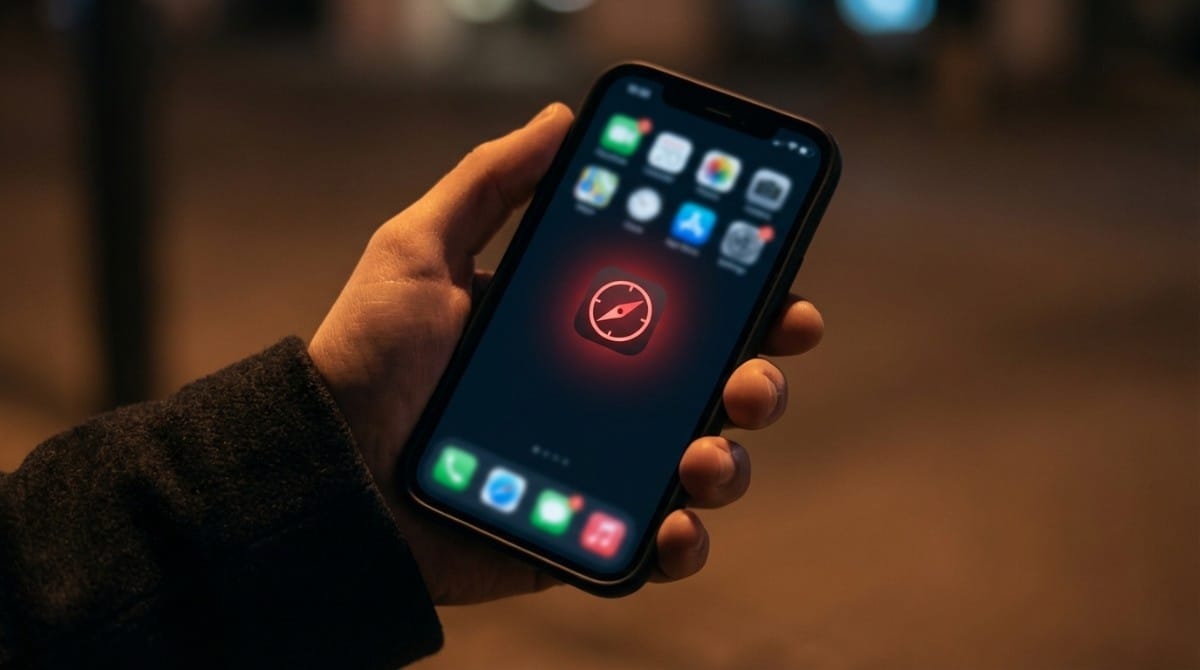 Hand holding a smartphone with a glowing compass-style app icon on the screen in a blurred night background.