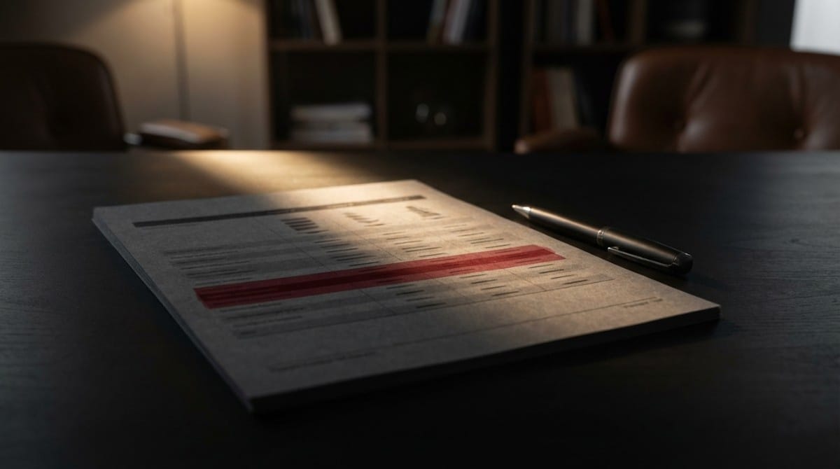 Paper document with a red highlighted line placed on a wooden desk beside a pen in a softly lit office setting.
