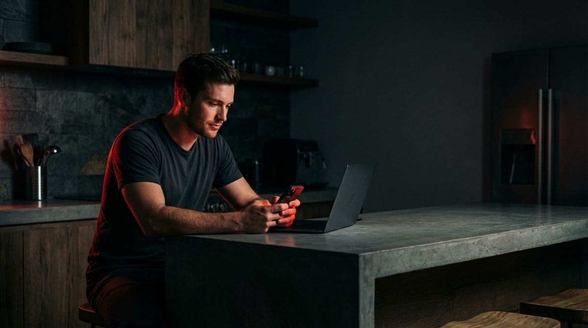 Man sitting at a kitchen counter at night using his smartphone with a laptop nearby in low ambient lighting.