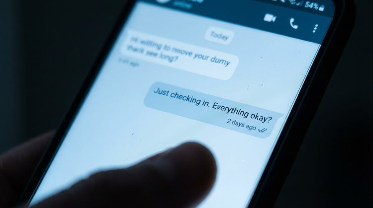 Close-up of a smartphone showing a chat message saying “Just checking in. Everything okay?” with no response, symbolizing being ignored or ghosted in texting