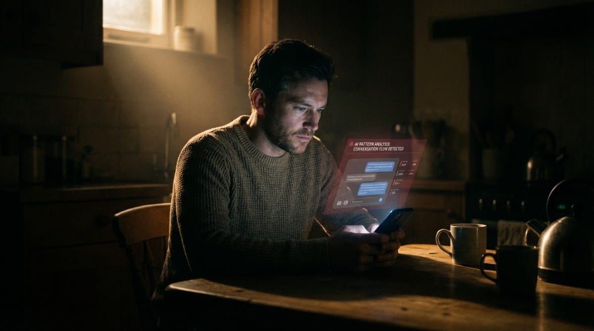 Man sitting alone at a dimly lit kitchen table at night, checking his phone with a serious expression, reflecting anxiety and waiting for a message reply