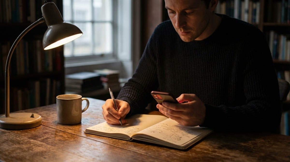 Man sitting at a wooden desk writing notes in a notebook while checking his phone under warm lamp light