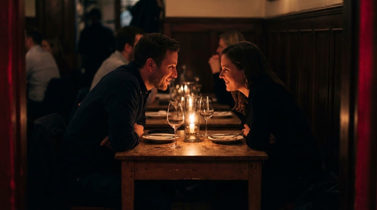 Man and woman smiling at each other across a candlelit restaurant table during a romantic date