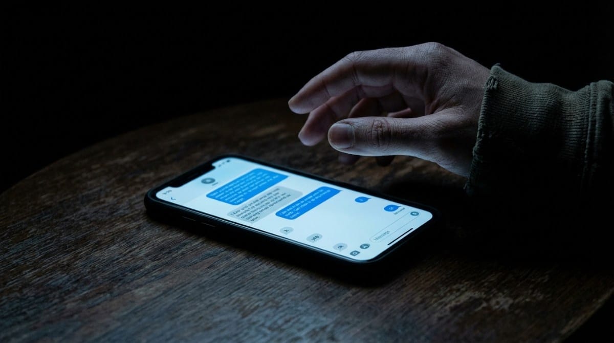 Close-up of a hand hovering over a smartphone with a messaging app open, capturing hesitation before sending a message in a dark setting.