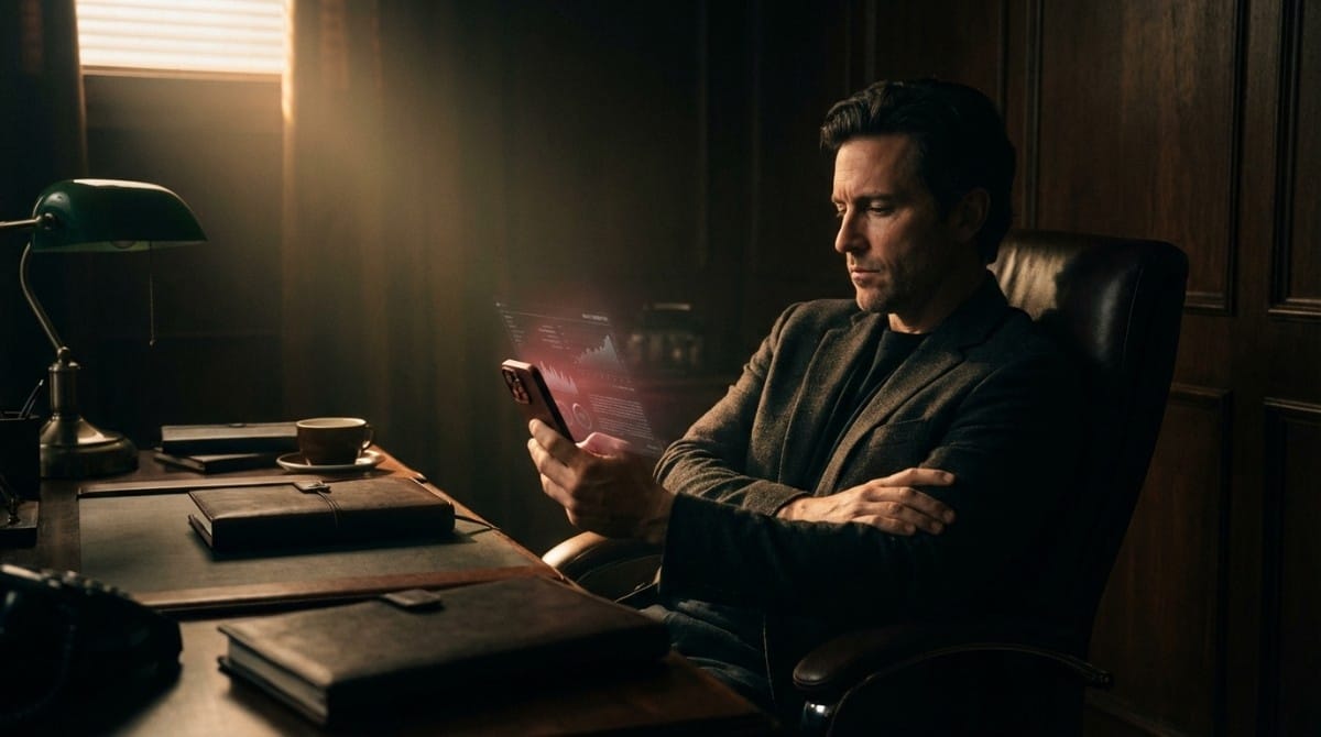 Serious man sitting at a desk in a dimly lit office, looking at his phone with concern, suggesting emotional tension or uncertainty in a conversation.