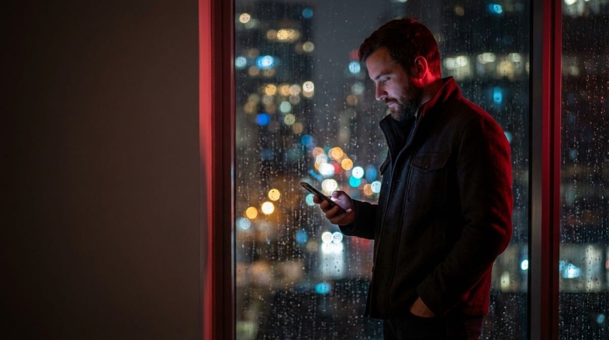 Man standing by a rain-covered window at night, checking his phone with city lights blurred in the background, reflecting a moody and introspective texting moment.