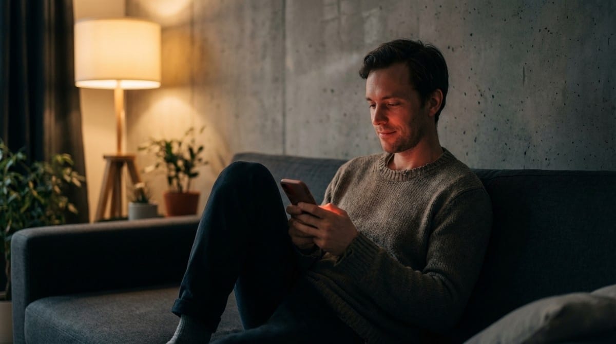 Young man sitting on a couch at home using his smartphone at night with warm ambient lighting and a modern interior setting