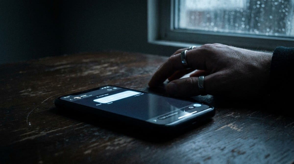 Close-up of a hand hovering over a smartphone on a wooden table near a rainy window, unsent message visible, conveying hesitation and emotional overthinking.