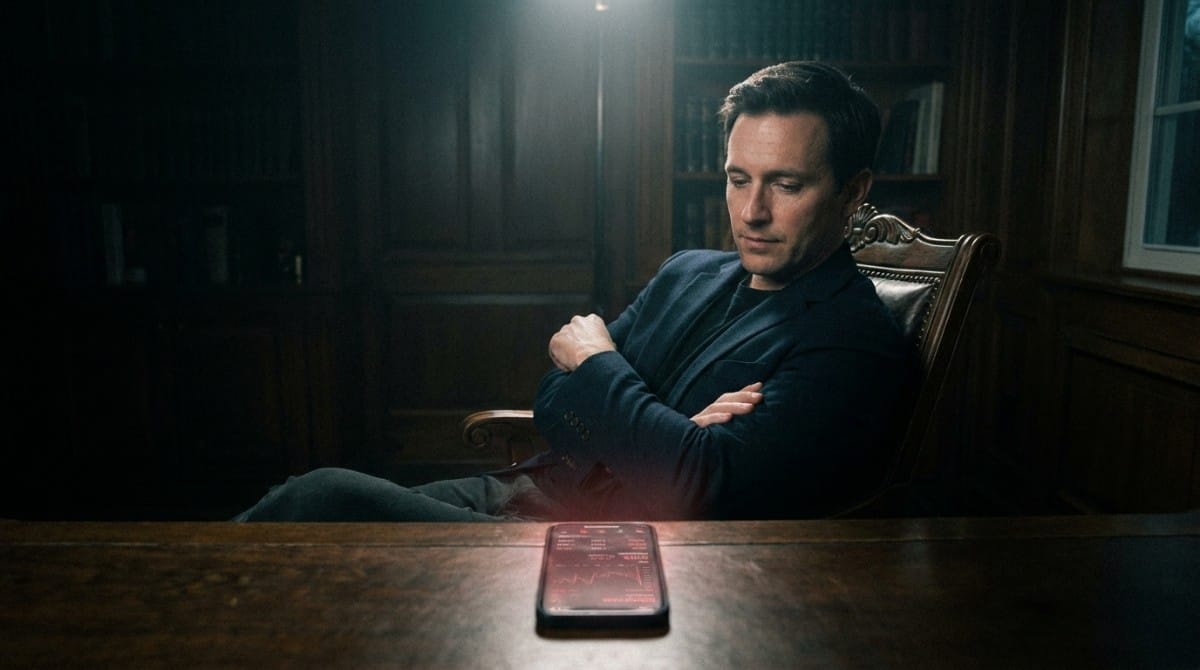 Man in a dimly lit office sitting back with arms crossed, staring at a phone on the table showing red-toned data, expressing emotional distance and detachment.