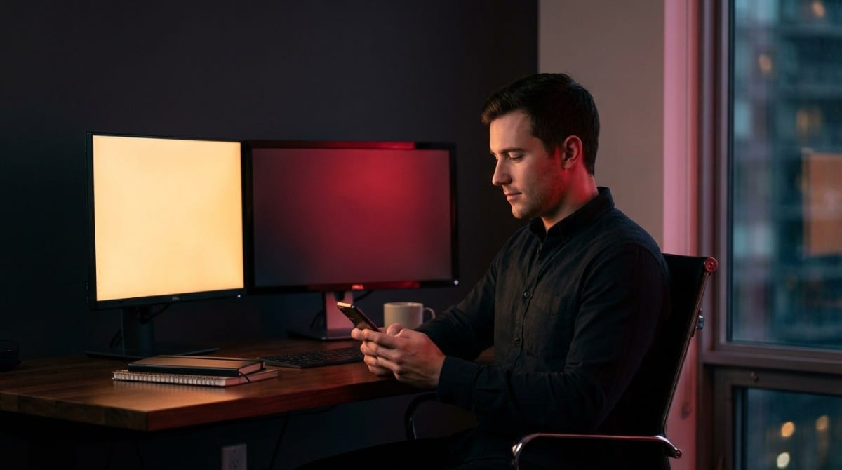 Man sitting at a desk with two monitors, using a smartphone in a dimly lit modern office setup.
